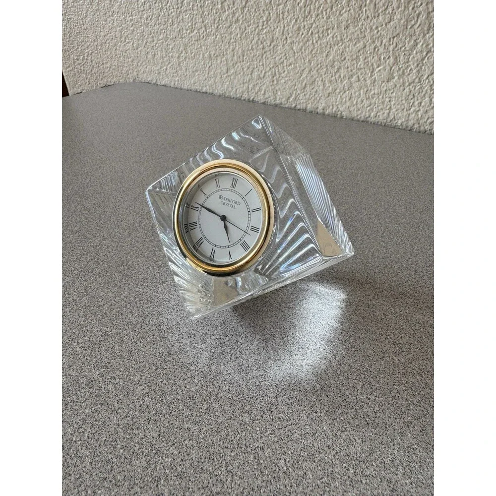 Waterford Crystal Ireland Triangle Desk Mantel Clock Gold Tone Working